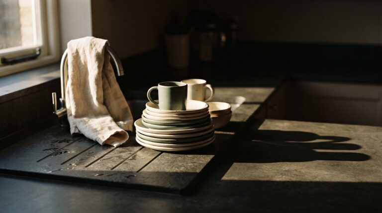 A small stack of clean plates and mugs beside a kitchen sink throwing a long exaggerated shadow across the worktop in low evening light.