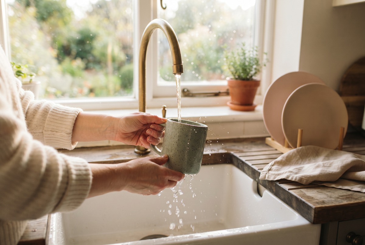 Hands rinsing a single speckled sage mug under a tap in a sunlit farmhouse sink, with clean plates already standing in the rack.