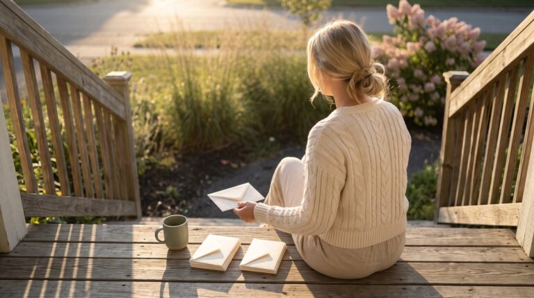 A blonde woman seen from behind on a sunny front porch step, sorting plain envelopes into two piles, like deciding which brand offers get a yes.