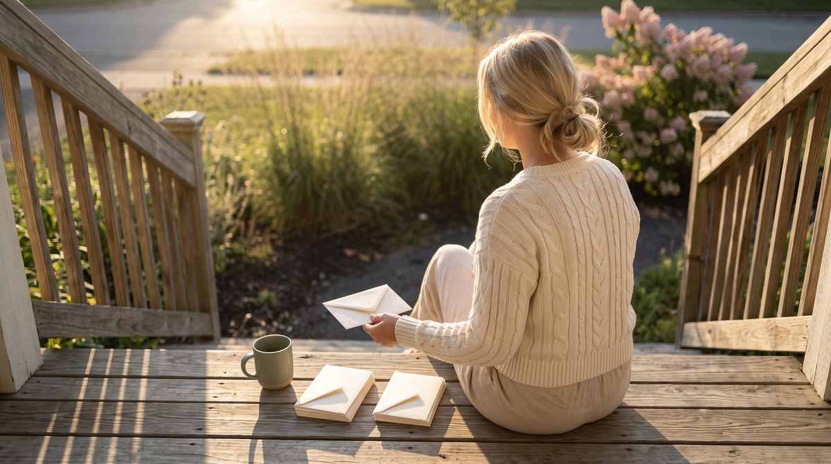 A blonde woman seen from behind on a sunny front porch step, sorting plain envelopes into two piles, like deciding which brand offers get a yes.