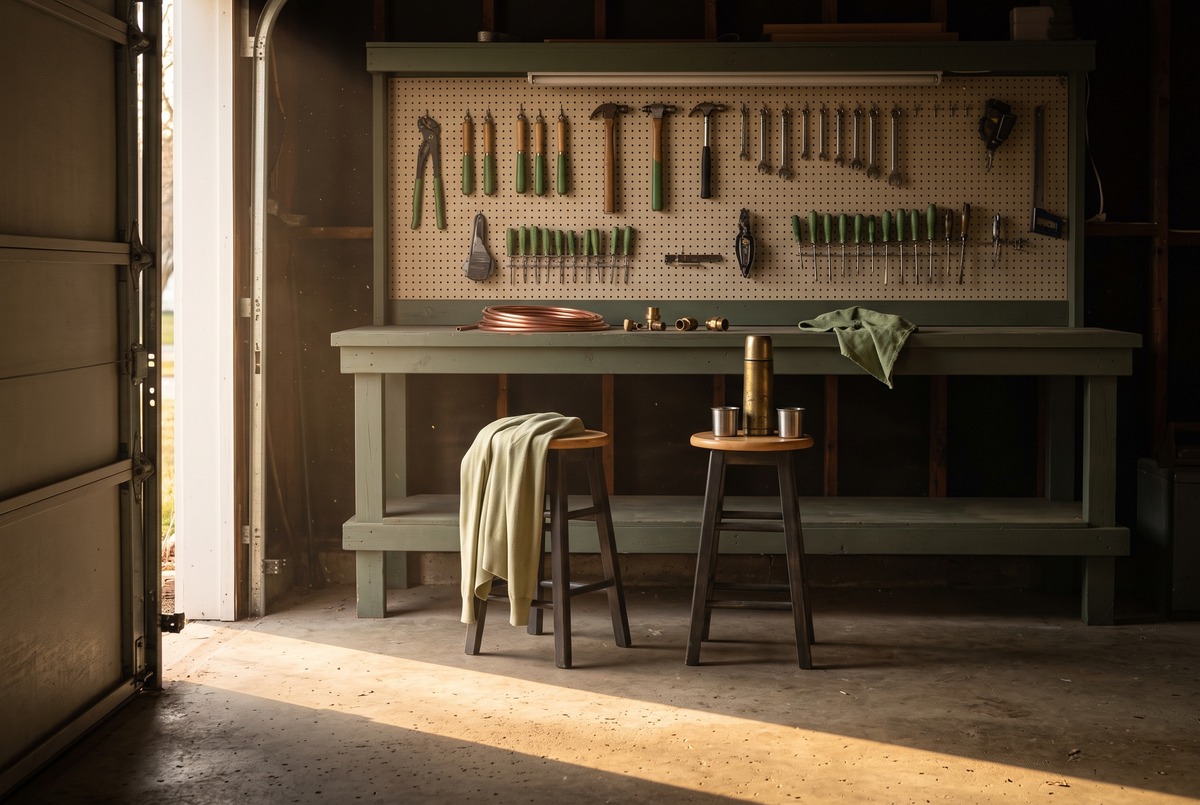 A family garage workbench with hand tools, copper tubing and two stools side by side in late afternoon sun, where review products get filmed with family.