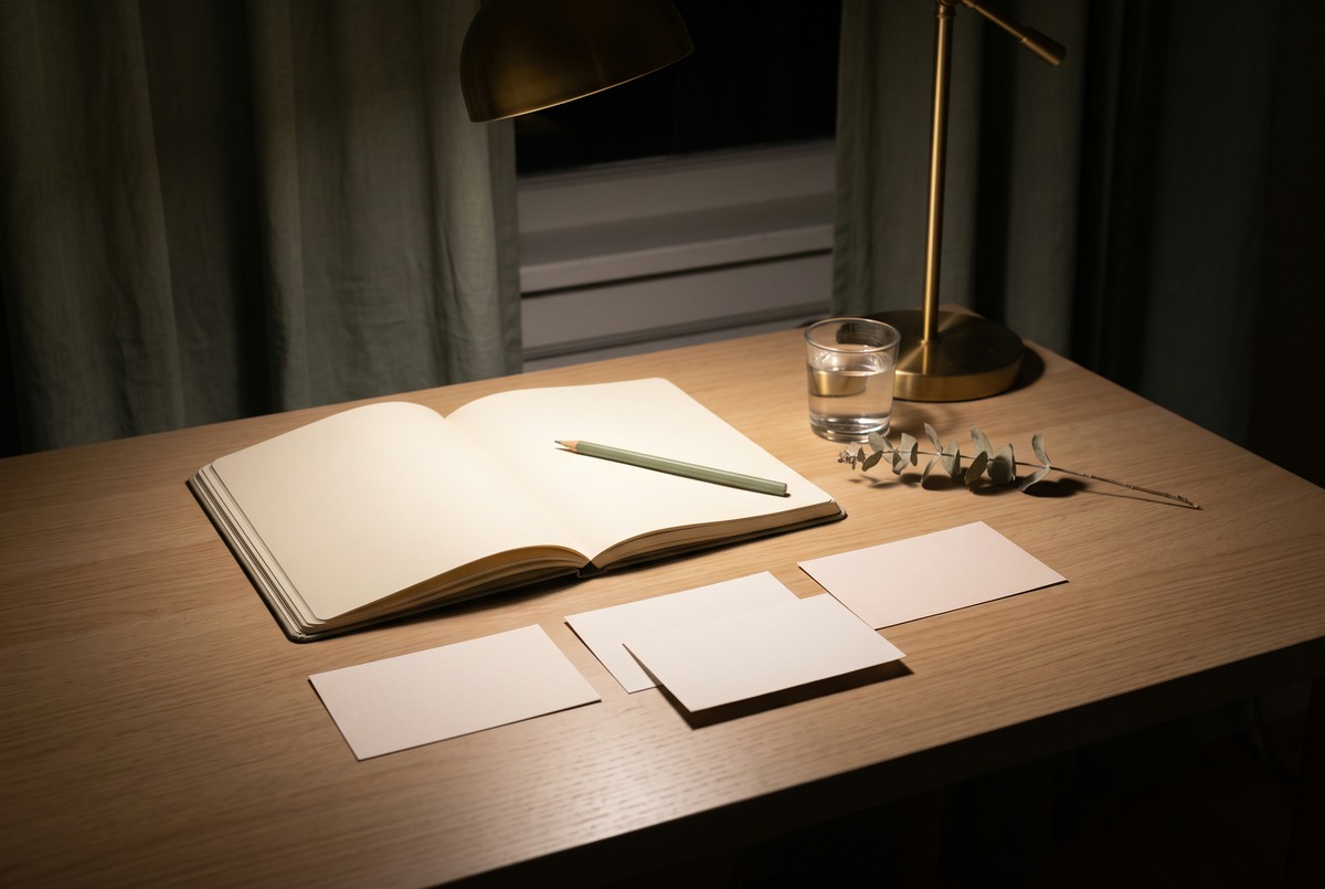 An open planner, a pencil and a few blank cards under a brass desk lamp at night, for choosing which Amazon products are worth filming.