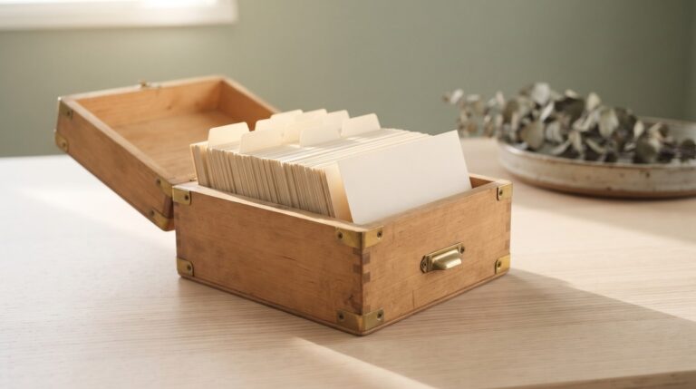 An open wooden card index box packed with blank cream cards and six blank dividers on a light wood table, one card pulled forward, for keeping track of Amazon influencer products.
