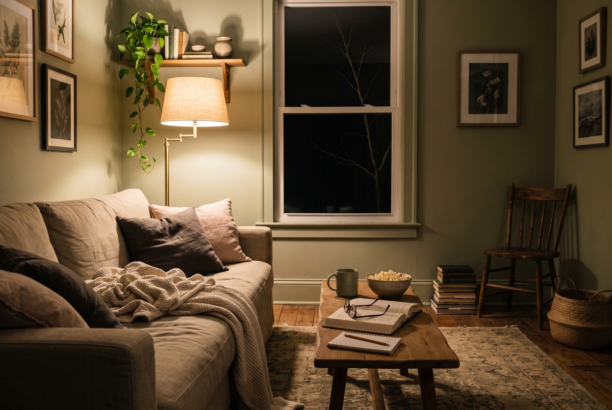 A softly lamplit living room at night with a throw pushed back on the sofa, a mug and a bowl of popcorn, and full dark outside the window.