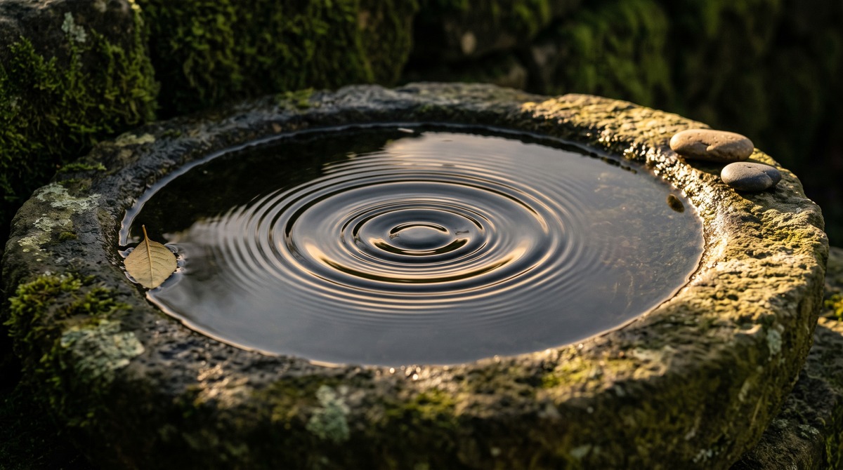 Concentric ripples spreading out from the centre of a stone water basin and reflecting back off the rim, lit by low golden sun.