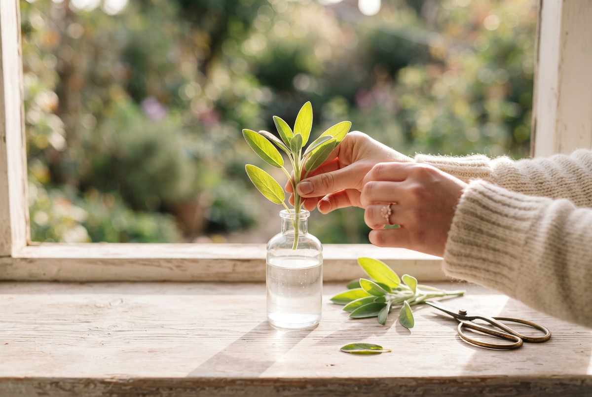 Hands settling a cut sprig of sage into a small glass bottle on a sunlit windowsill, with brass snips resting beside it.