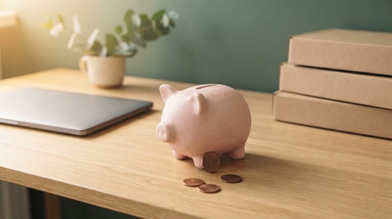 A petal pink ceramic piggy bank with a few copper coins on a light oak desk, with a closed laptop and a stack of plain cardboard product boxes behind it against a sage green wall.