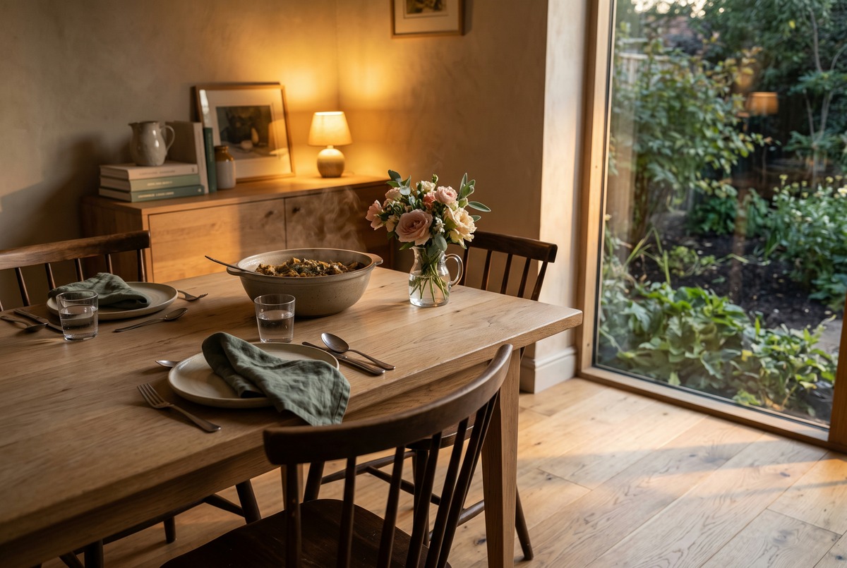 A dinner table set for two with a steaming dish and garden flowers, an ordinary good evening inside your own circle.