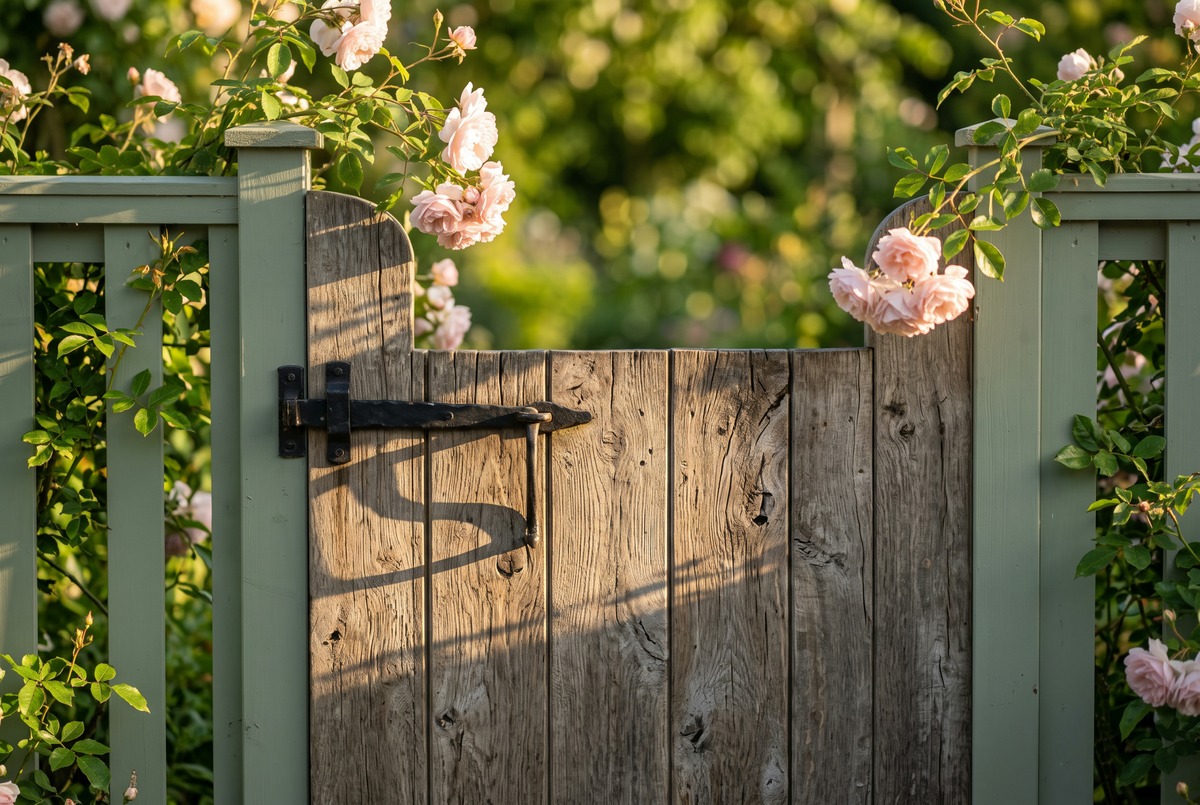 A closed wooden garden gate with an iron latch in warm evening light, with roses climbing over the sage fence.