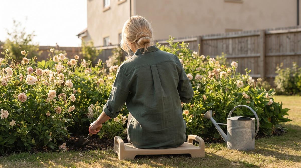 A woman tending the flower bed in her own backyard in bright morning light, protecting her peace by looking after what's in her reach.