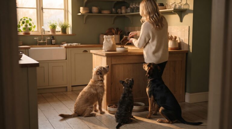 A blonde woman seen from behind at a kitchen counter at dawn, scooping kibble into a bowl while three rescue dogs sit and wait at her feet in the first golden light.