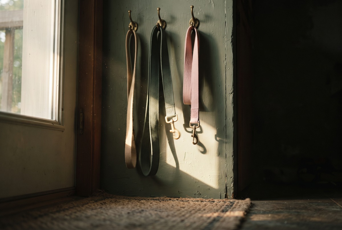Three dog leashes in sand, sage and blush hanging on brass hooks by a back door, lit by one hard shaft of early morning sun with the rest of the wall in shadow.