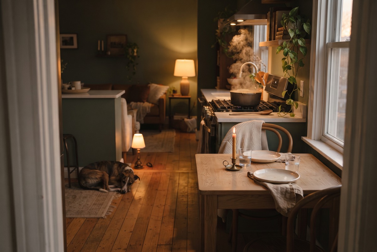 A small dining table set for two with a lit candle at dusk, a pot steaming on the stove behind it and a dog asleep on the floorboards in the lamplight.