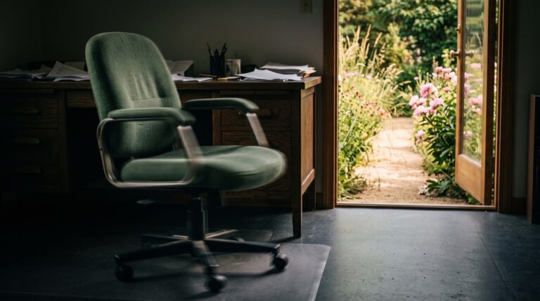 An empty sage green office chair blurred mid-spin beside a desk of untouched papers in a dim room, with an open door showing a sunlit garden path and pink flowers outside.