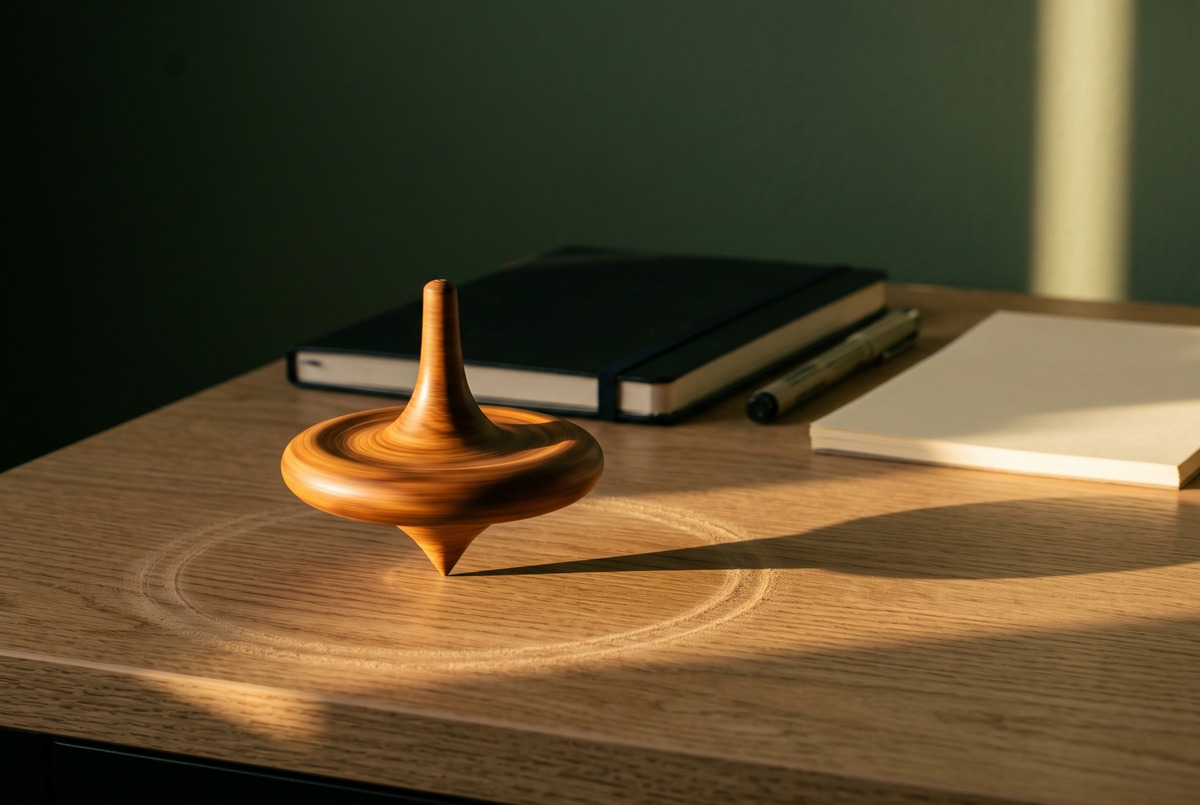 A wooden spinning top whirling in place on an oak desk, a worn circle in the wood around it, next to a closed notebook, a capped pen and a stack of blank paper that haven't been touched.