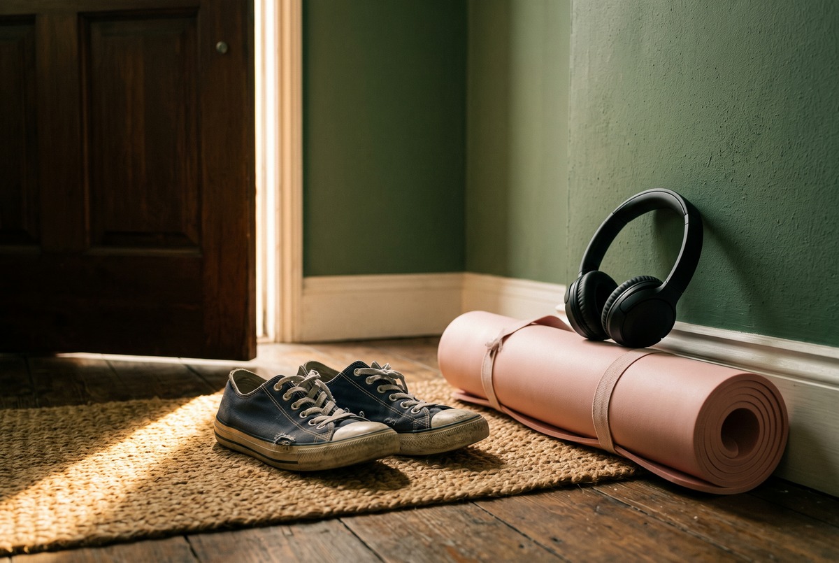 Worn canvas sneakers on a jute doormat by a door, with a rolled pink exercise mat and a pair of headphones leaning against a sage wall in warm morning light, ready for stepping away.
