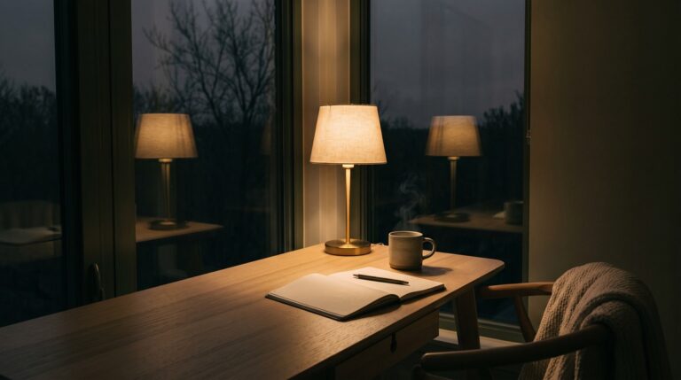 A desk corner lit by one warm lamp at 4:30 on an autumn afternoon, the window behind it already dark, an open notebook and a steaming mug in the small pool of light.