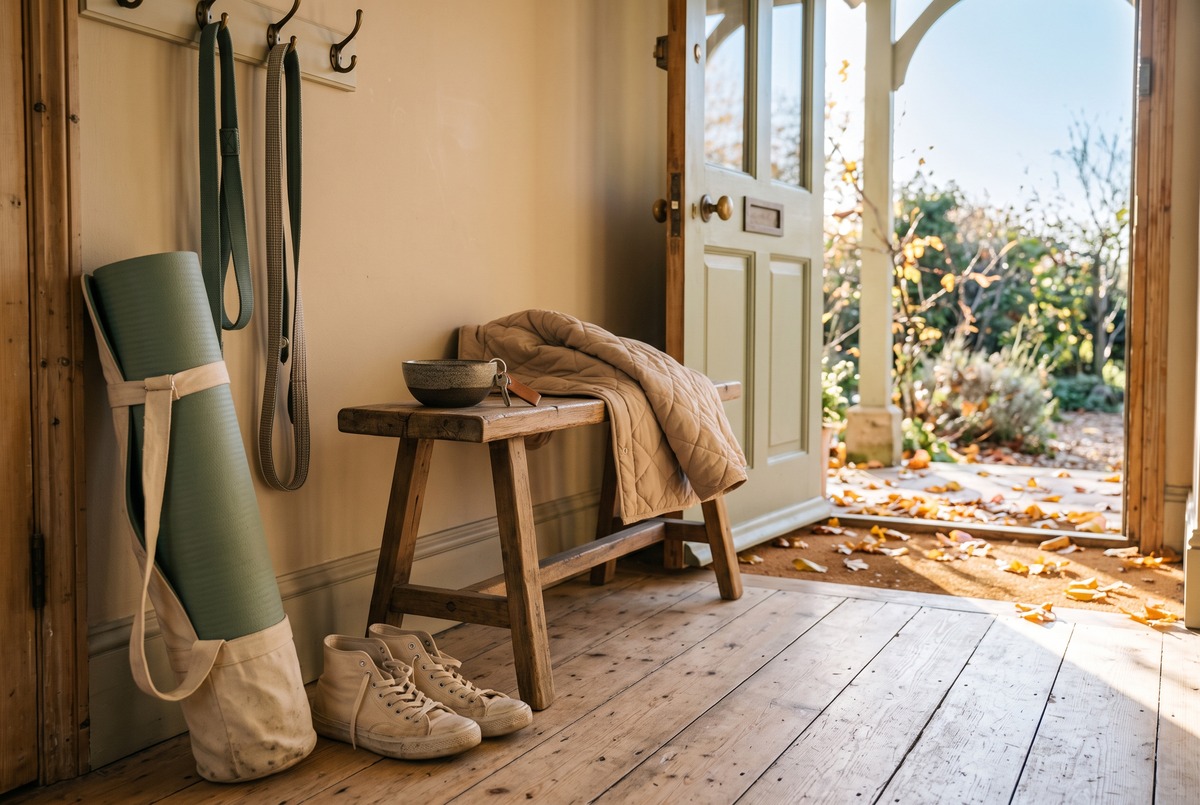 A home entryway on a crisp fall morning with a rolled exercise mat by the door, worn sneakers, dog leashes on hooks and low sun pouring through the open door across the floorboards.