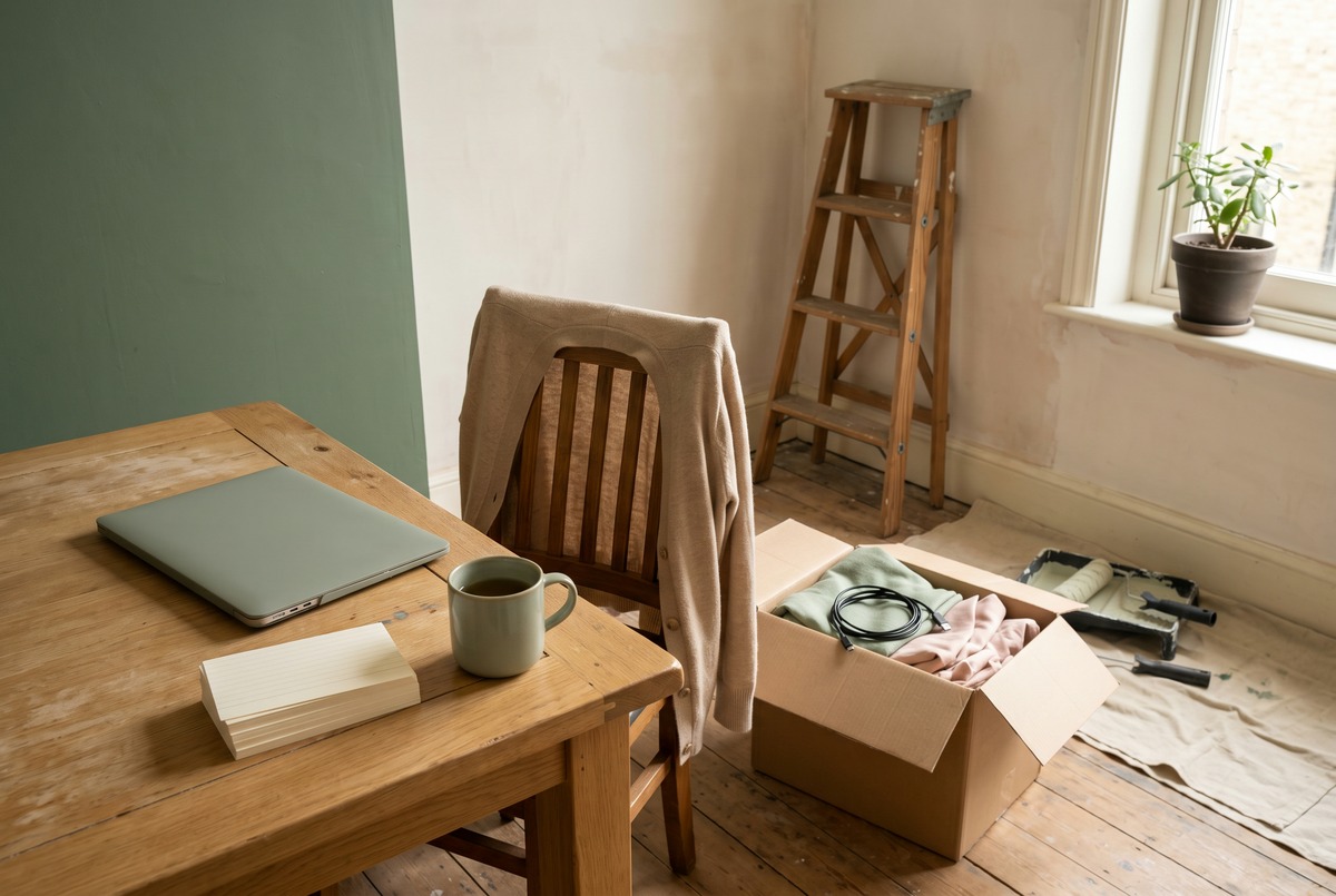 A lived-in home workroom with a half-painted sage wall, a paint roller in its tray, a cardigan over a chair, a closed laptop and a box of half-sorted things, every project paused mid-task.
