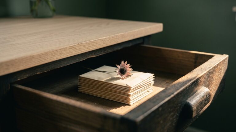 A wooden desk drawer pulled open to show a stack of unopened cream seed packets, one shaft of late sun on the front packet, the rest in shadow, the picture of projects started and never finished.