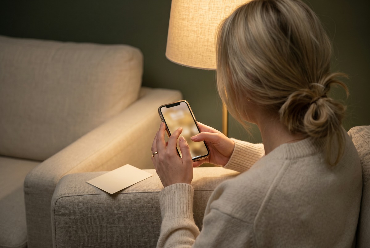 A blonde woman seen from behind on a sofa arm in lamplight, holding her phone with her thumb over the screen and a blank card beside her, about to show a finished thing to one person.