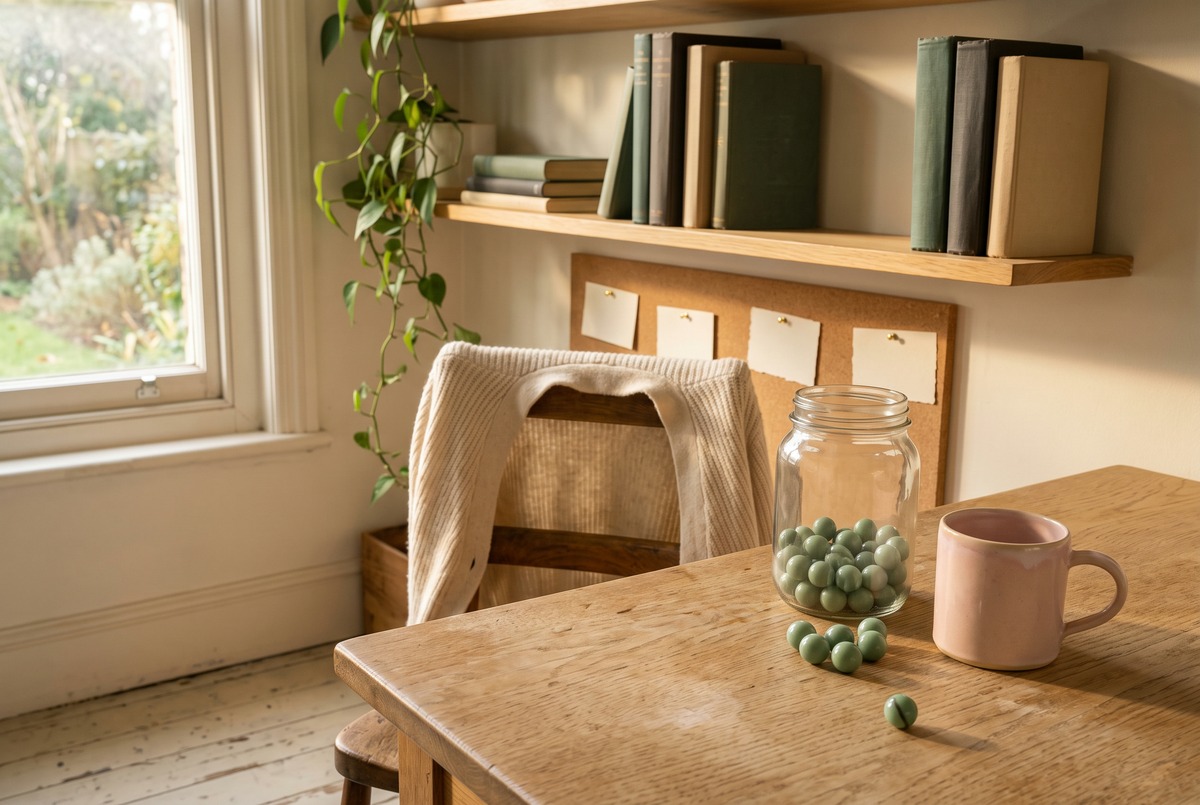 A home office corner with a glass jar a third full of sage-green marbles on the desk, a few loose marbles beside it, blank cards pinned to a cork board, a cardigan over the chair and morning light across the floor, a score kept against yourself.
