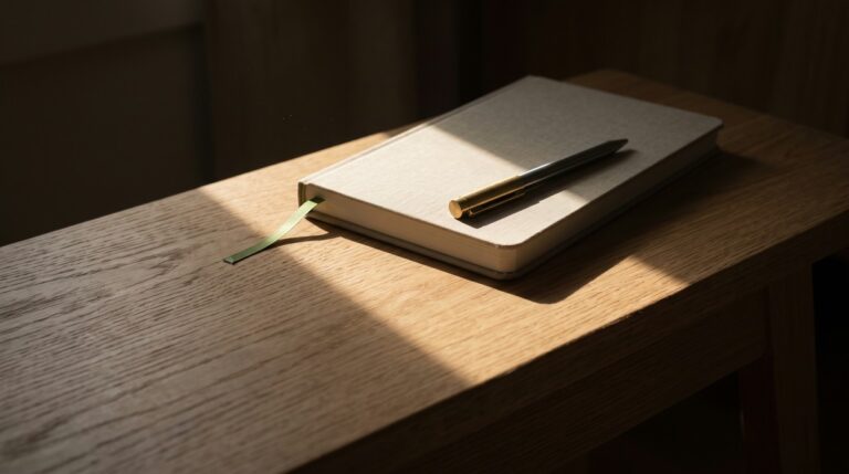 A new closed notebook and pen pushed to the back of a table, a phone face-down in front of them, one shaft of morning sun across the table and the rest in shadow, a habit that lasted one day.