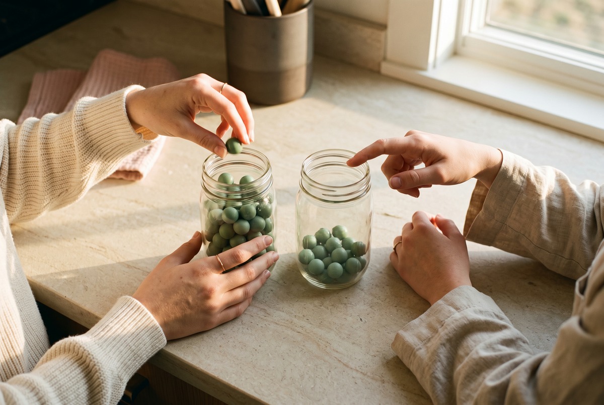 Two pairs of hands at a kitchen counter with two glass jars of sage-green marbles, one hand dropping a marble into the fuller jar, warm afternoon light, two sisters keeping score together.