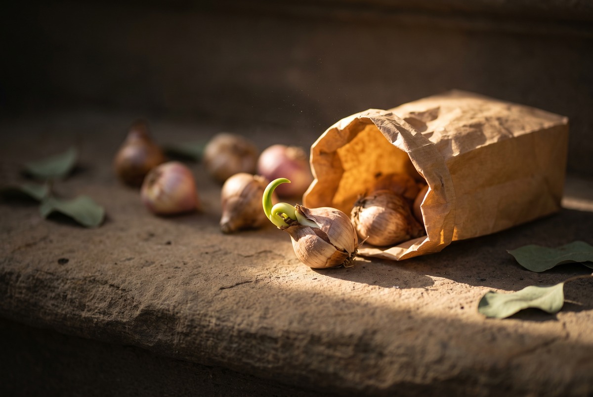 A paper bag of flower bulbs tipped over on a stone step, one bulb already pushing out a green shoot in a hard shaft of low sun.
