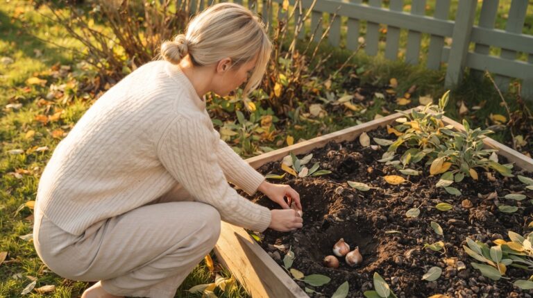 A blonde woman kneeling at a raised garden bed in late autumn, pressing a flower bulb into dark soil among fallen leaves in low golden light.