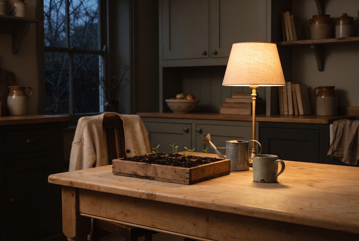 A tray of young seedlings and a watering tin on a kitchen table under a warm lamp, with full dark outside the window.
