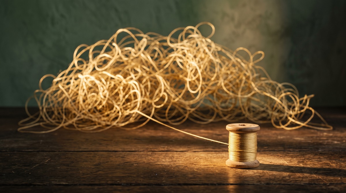 A huge tangle of golden thread on a dark wood table, with one strand pulled out straight and wound neatly onto a small wooden spool in warm light, like a big messy idea with one piece ready to start.