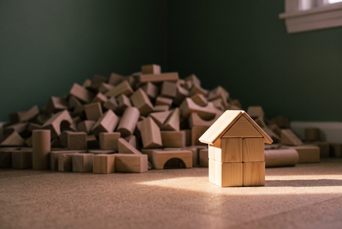 A tiny wooden block house built from six blocks stands in a beam of window light, in front of a big shadowy pile of unused blocks, a first version built from a small part of the pile.