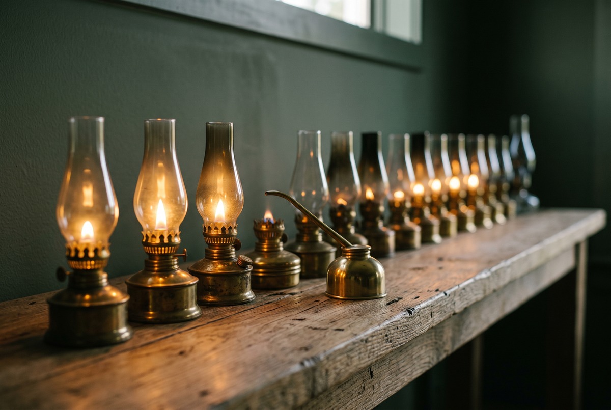 A long row of small brass oil lanterns on a weathered wood shelf against a sage wall, some burning bright and some low, with a brass oil can beside them, all the little projects that need tending.