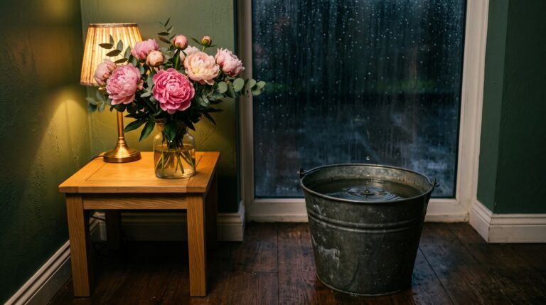 A vase of pink peonies glowing under a lamp on a side table, next to a metal bucket on the floor catching a drip from the ceiling while rain runs down the window