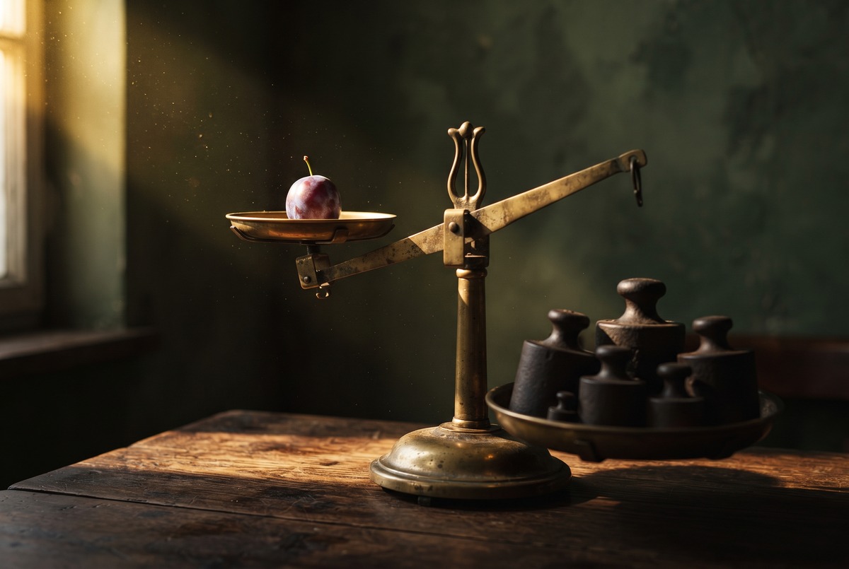 An old brass balance scale with a single small plum on one pan and a heap of heavy iron weights on the other