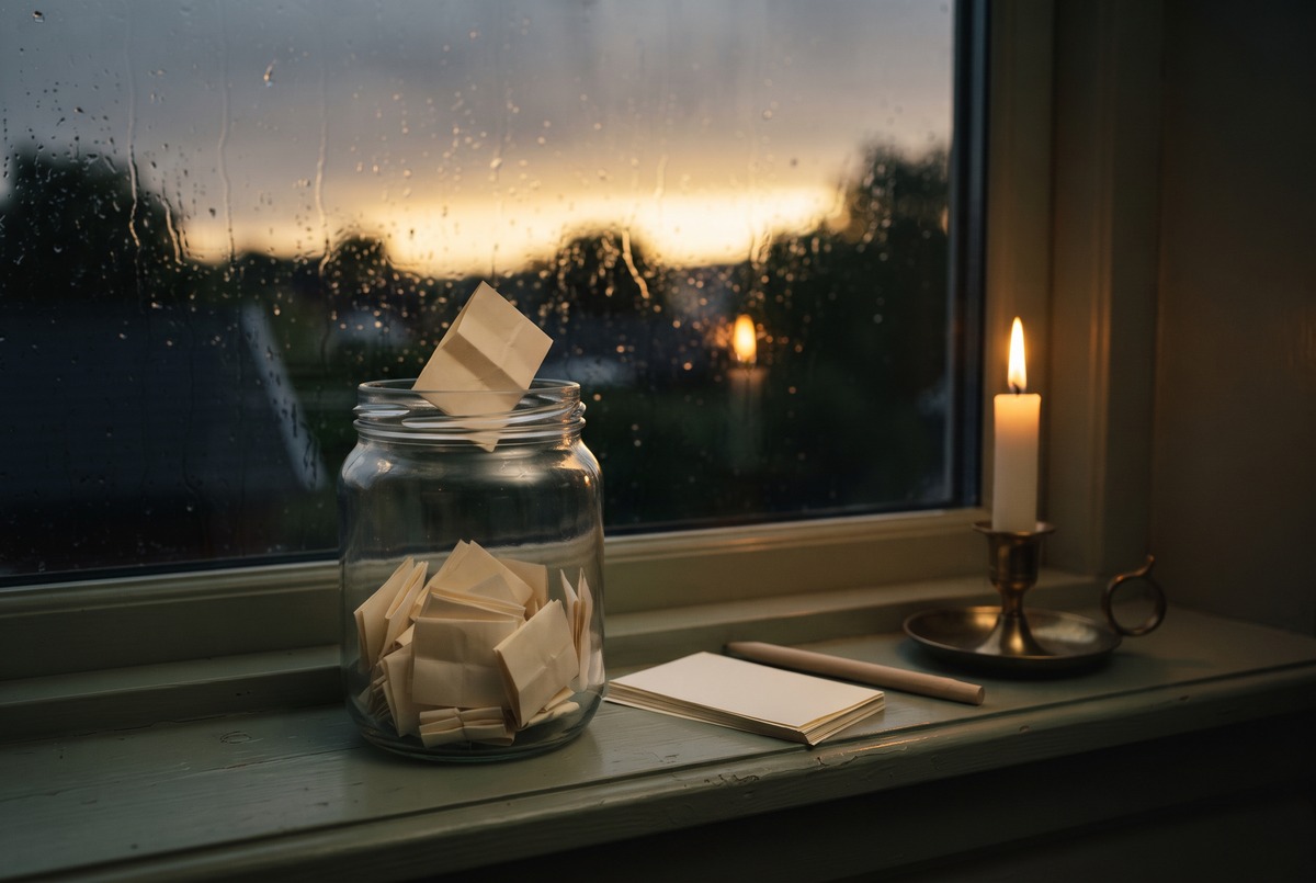 A glass jar half full of folded paper slips on a windowsill beside a lit candle, a pen and blank paper, with rain on the window and a strip of clearing sky outside