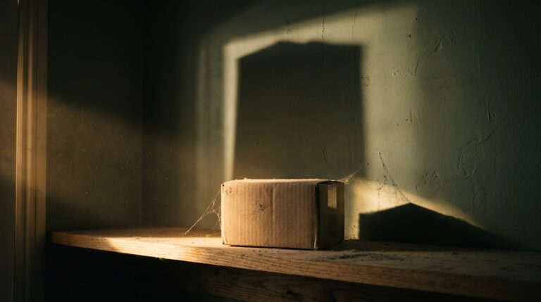 A small dusty cardboard box with a cobweb on it sitting alone on a wooden shelf, its shadow thrown large on the green wall behind it by low golden sunlight