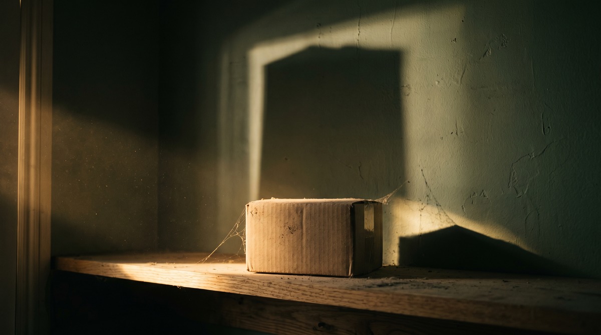 A small dusty cardboard box with a cobweb on it sitting alone on a wooden shelf, its shadow thrown large on the green wall behind it by low golden sunlight
