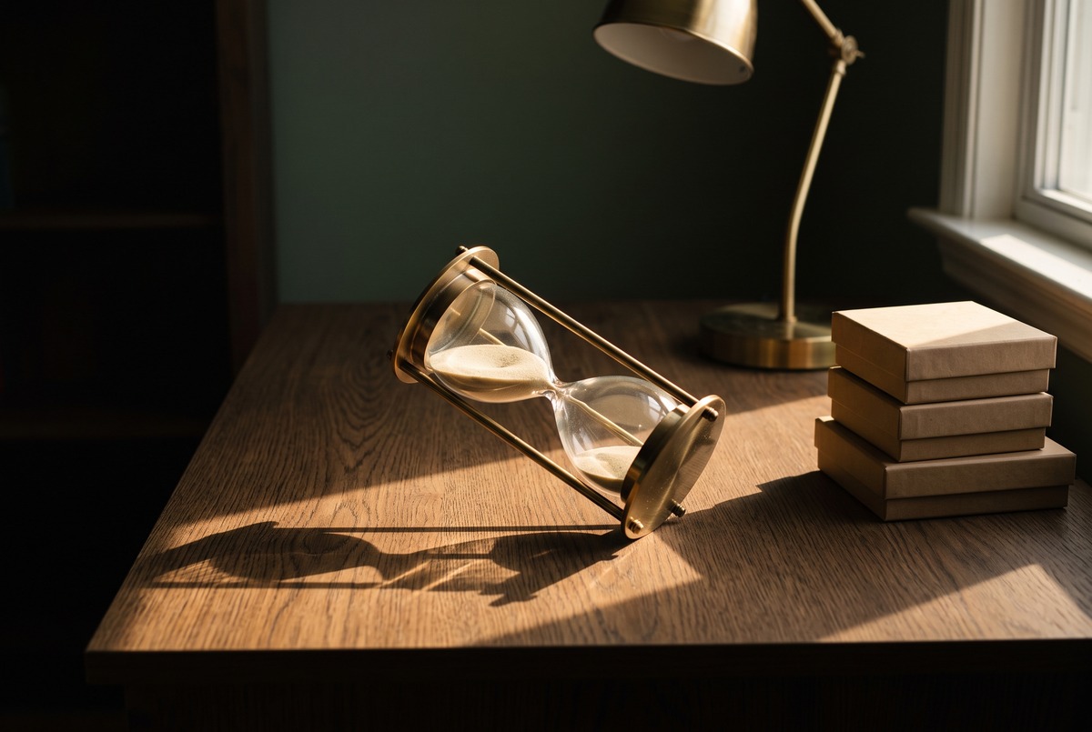 A brass hourglass tipped on its side on a dark wooden desk with the sand sitting still, next to a stack of three unopened cardboard boxes and a desk lamp that is switched off