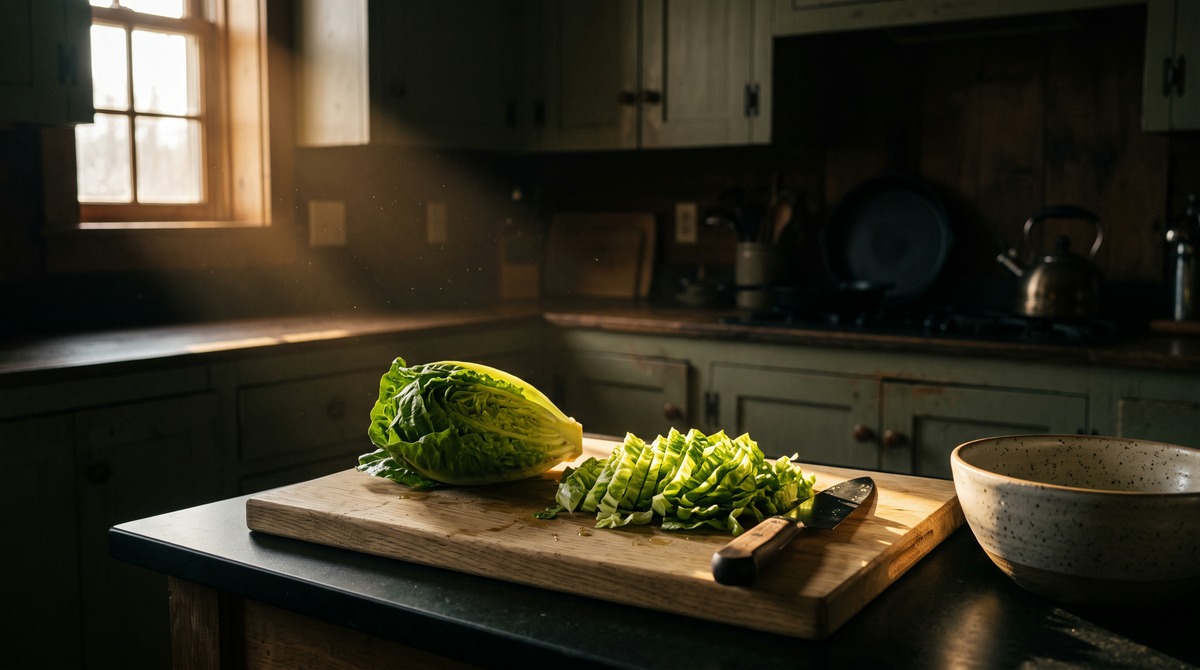 A head of romaine lettuce half chopped on an oak cutting board in a dark kitchen, lit by one shaft of morning sun, a speckled bowl waiting beside it.