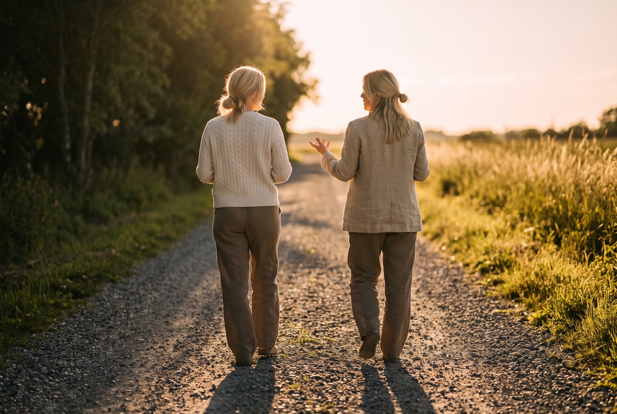 Two blonde women seen from behind walking side by side down a gravel path at golden hour, one gesturing as they talk, long shadows behind them.