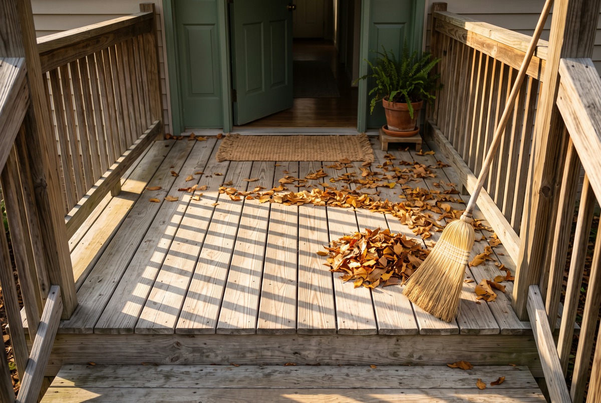 A wooden front porch in low morning sun with autumn leaves swept into a pile, a straw broom leaning on the rail and a sage door standing open.