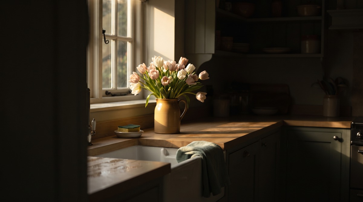 A jug of fresh cut pink and cream tulips in a shaft of morning sun on the counter of a freshly cleaned kitchen, with a dish towel over the sink and a sponge in its dish