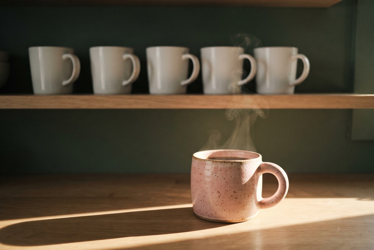 A handmade speckled pink mug of steaming coffee in a beam of morning light, in front of a shelf of plain white mugs