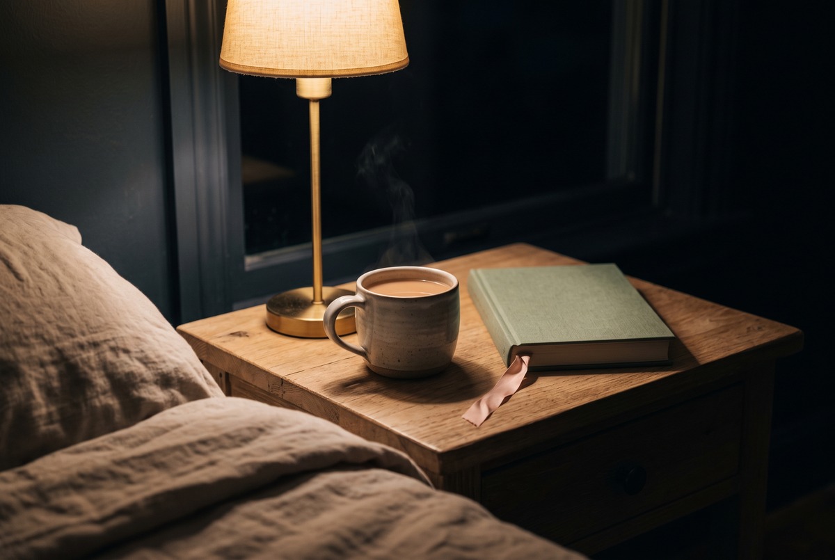 A warm drink in a stoneware mug and a closed green book with a pink ribbon bookmark on a bedside table under a small lamp at night