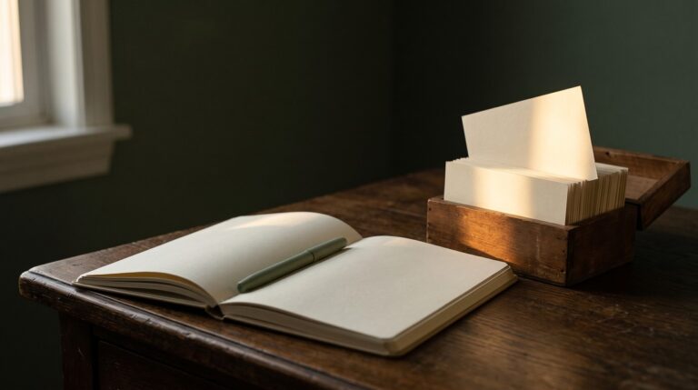An open blank notebook with a sage pen on a dark wooden desk, beside a wooden box of blank index cards with one card pulled up and lit by a shaft of golden light, like pulling one journal prompt when you need it.
