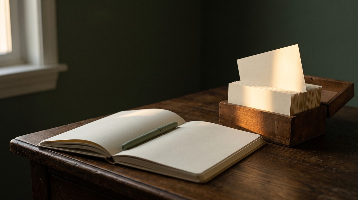 An open blank notebook with a sage pen on a dark wooden desk, beside a wooden box of blank index cards with one card pulled up and lit by a shaft of golden light, like pulling one journal prompt when you need it.