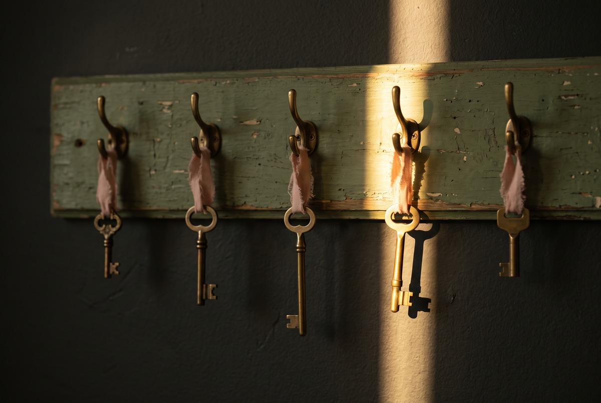 Five old brass keys hanging on blush ribbons from a weathered sage hook board, with one key lit gold by a beam of sunlight, picking the prompt that fits today.