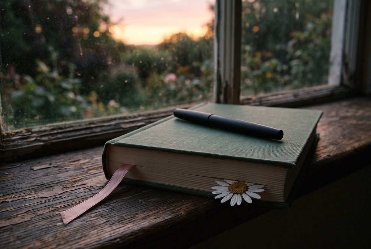 A closed sage cloth journal with a pen on top and a pink ribbon bookmark on a wooden windowsill at sunset, a white daisy tucked between the last pages, ending a journal entry on one good thing.